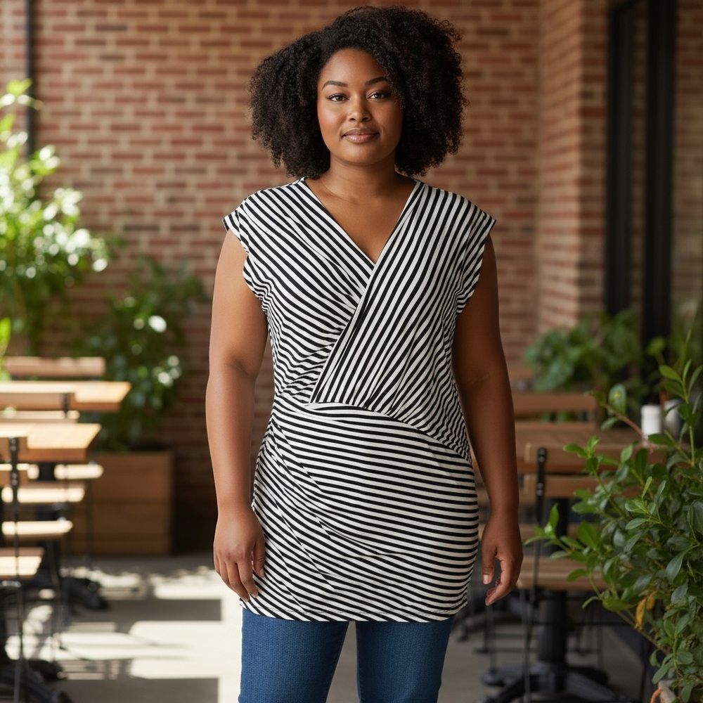 NWT Metaphor Black & White Striped Wrap Top Small – Sleeveless Ruched Blouse